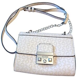 Guess Cream, Natural, Embossed Crossbody, Silver Accents, Chain, Magnetic